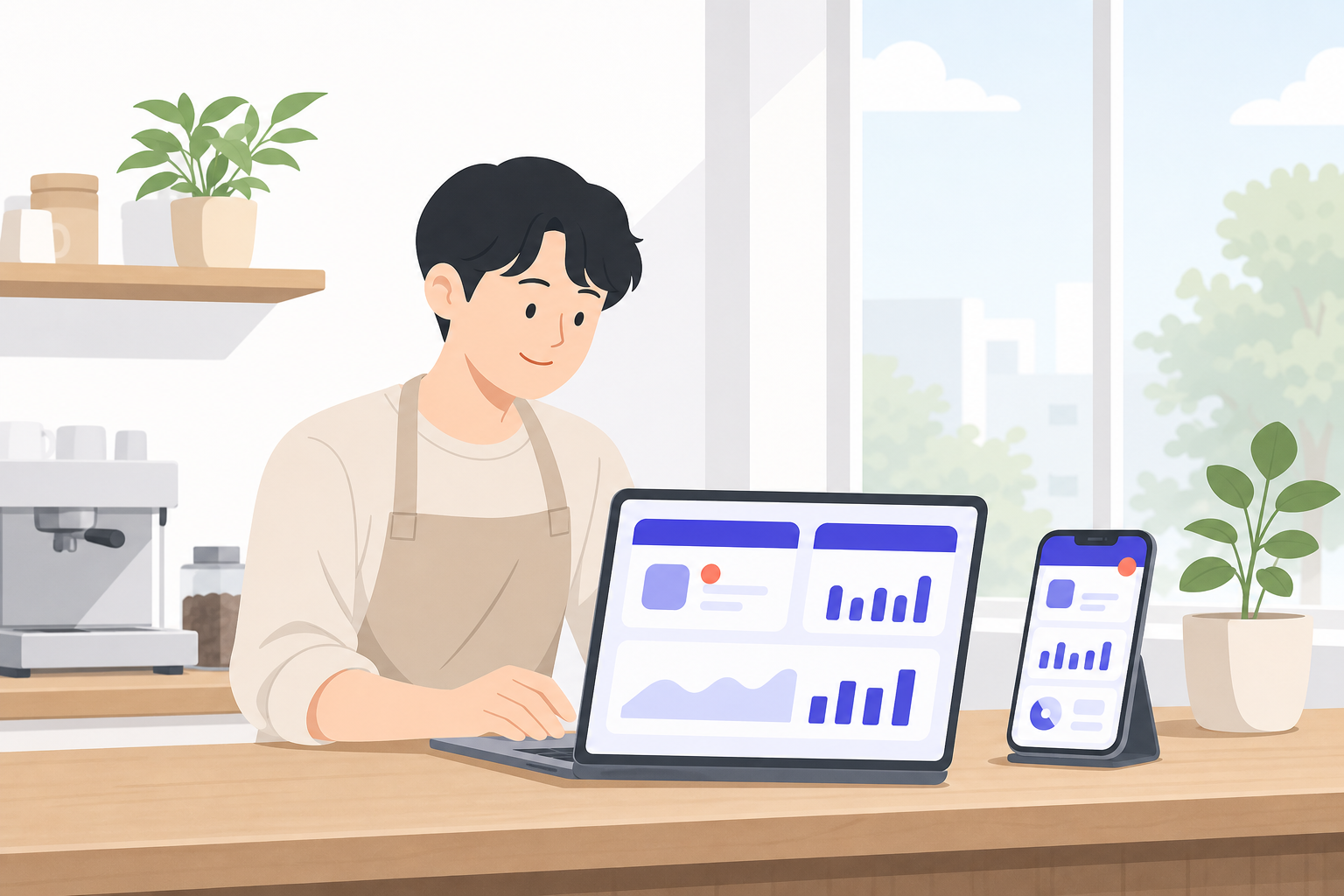 카페나 소규모 공간에서 노트북과 스마트폰으로 예약 현황을 확인하는 사장님 모습, 밝은 낮 시간대