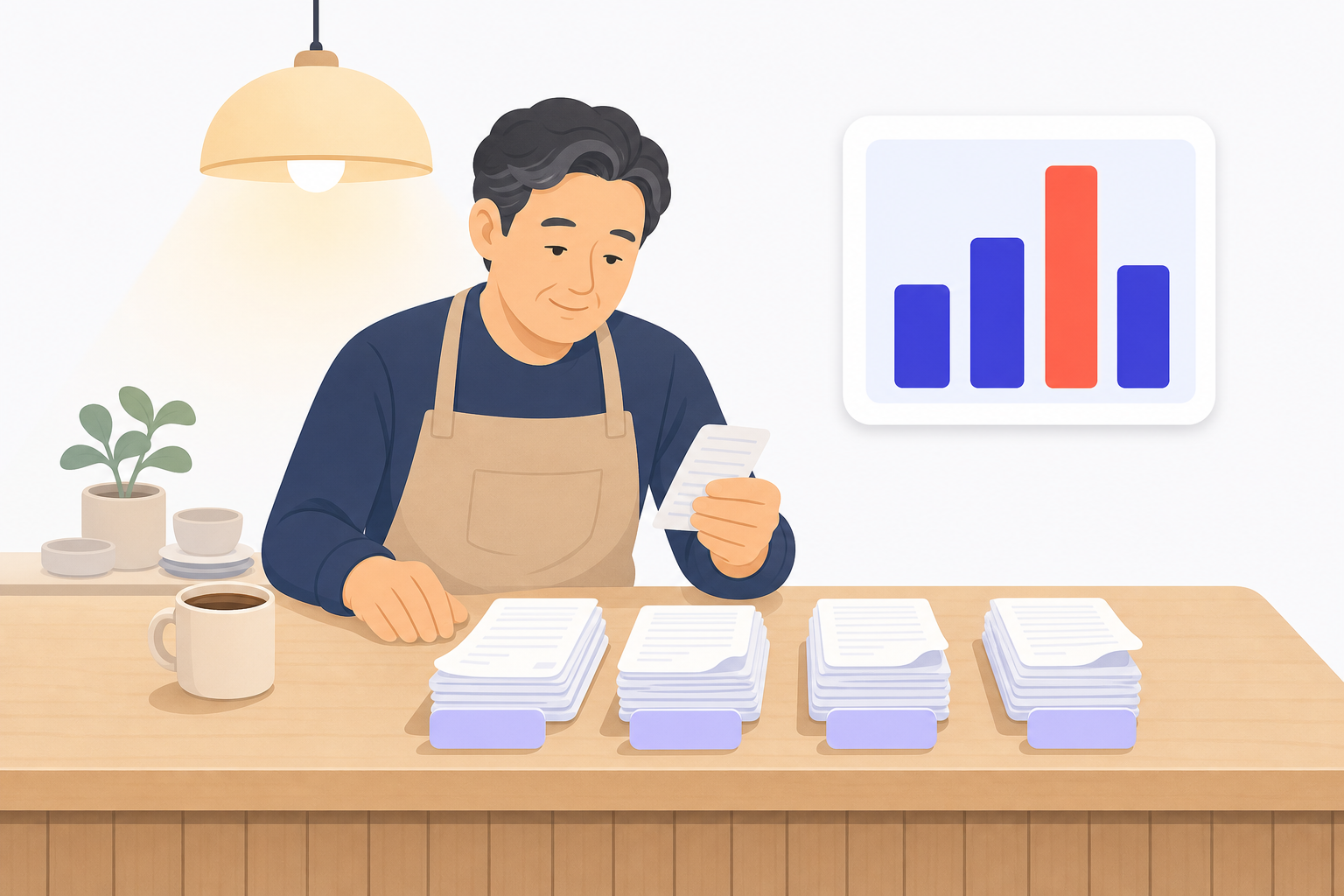 소규모 식당 사장님이 영수증 묶음을 시간대별로 나눠 살펴보는 모습. 따뜻한 조명, 진지하지만 부드러운 분위기