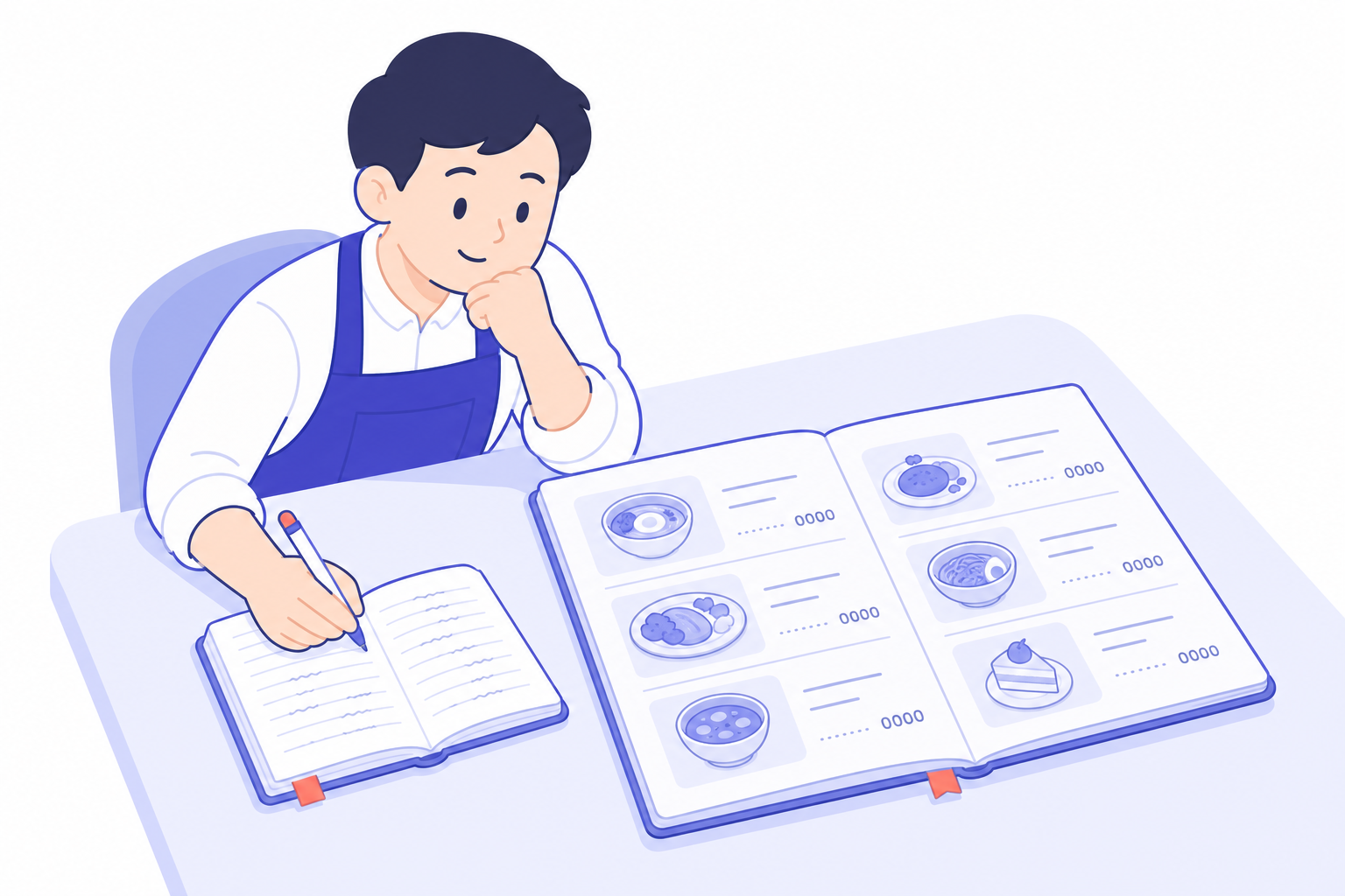 작은 음식점 사장님이 메뉴판을 테이블 위에 펼쳐놓고 구성을 고민하는 장면. 메모가 적힌 노트와 펜이 옆에 있음.