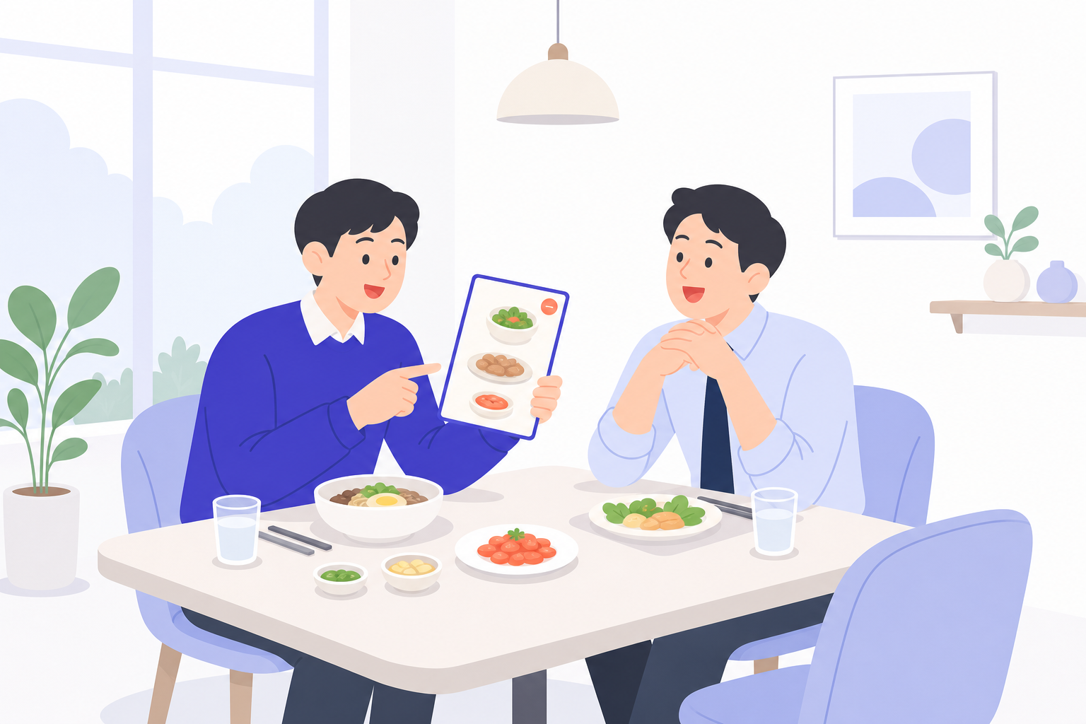 평일 낮 식당에서 여유롭게 식사하는 직장인 두 명. 메뉴를 추가로 주문하는 모습, 밝고 여유로운 분위기